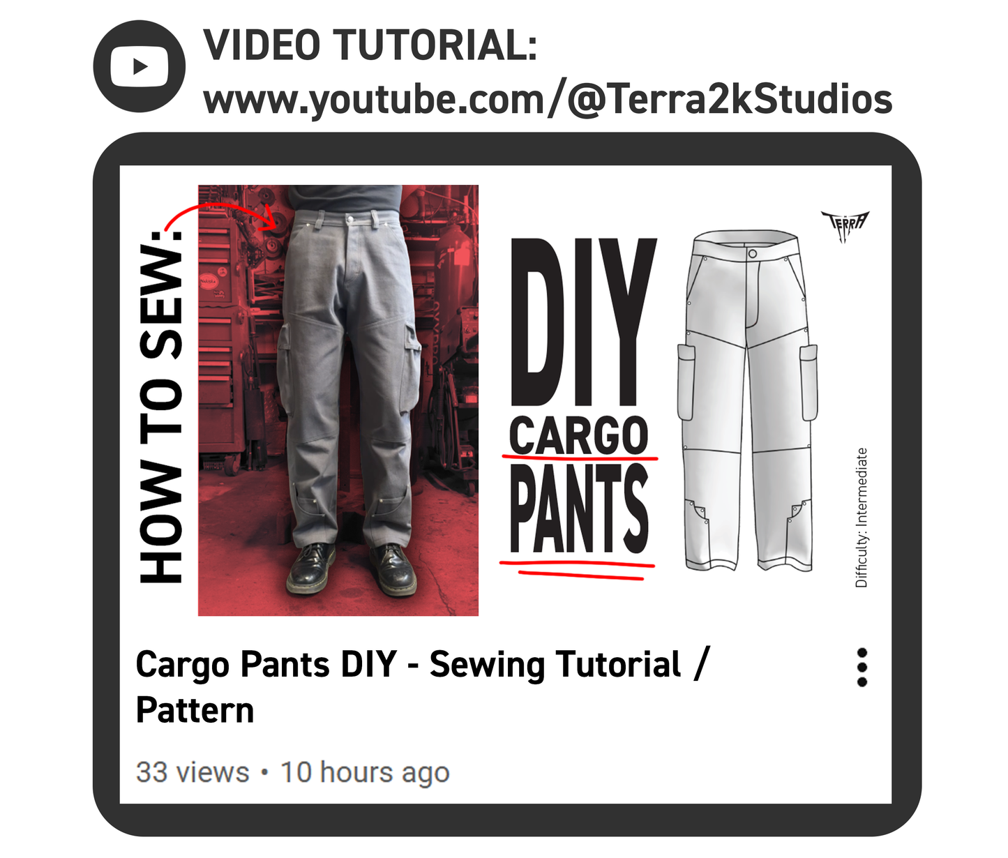 Promotional graphic for a DIY cargo pants sewing tutorial on YouTube, featuring a person wearing gray cargo pants.