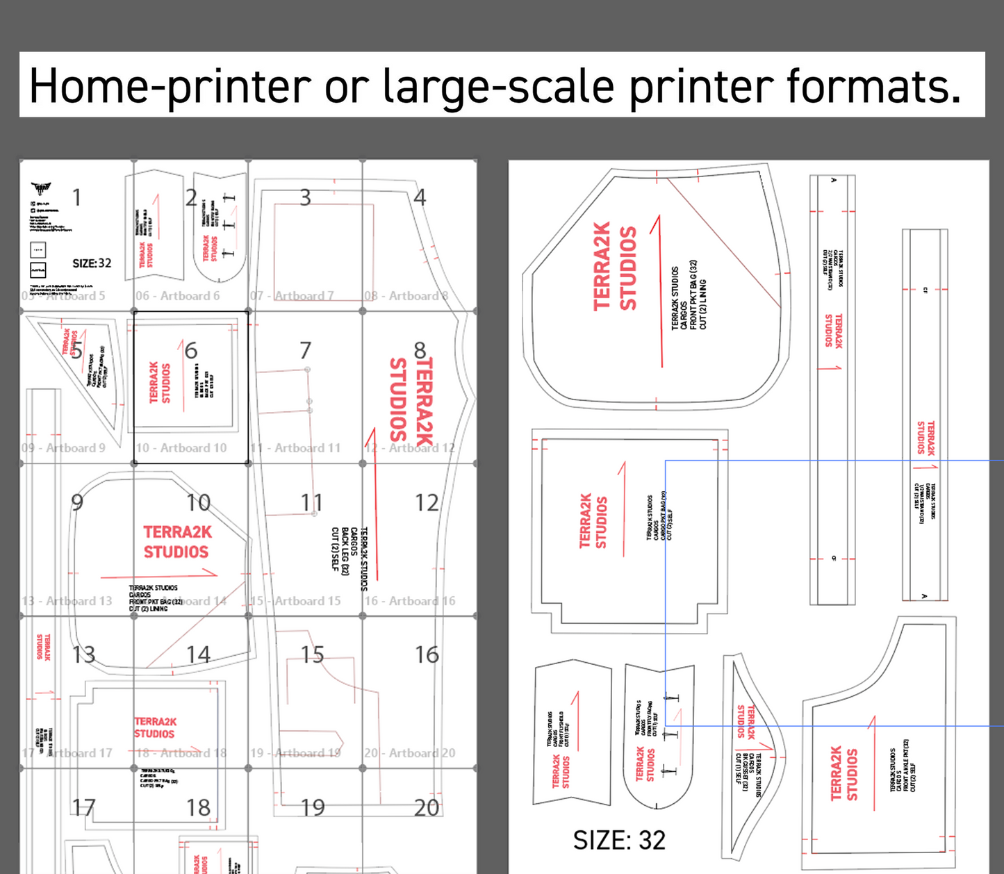 Design templates with measurements and branding for home or large-scale printing.